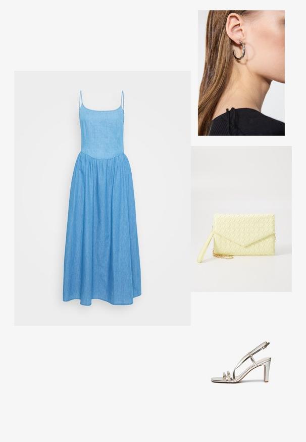 Svijetloplava chambray haljina s tankim podesivim naramenicama, uskim korzetom i lepršavom suknjom sa naboranim strukom za dodatni volumen.; Metalni srebrni sandali s visokom petom i otvorenom prstima, sa tri tanke trake preko stopala i trakom za gležanj sa kopčom.; Žuta pletena novčanica s preklopnim dizajnom, odvojivim remenom za zapešće i zlatnim lancem kao ukrasom. Glatka tekstura i pravokutni oblik.; Srebrna kružna naušnica s poliranim završetkom, koja ima male zlatne detalje i okrugli oblik, nošena na uhu.