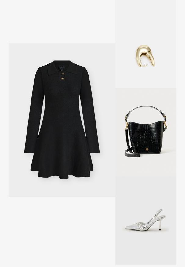 Black knitted dress with a collared neckline, three-button front, and long sleeves. Flared skirt design, smooth texture, minimal embellishments.; Silver slingback high heel shoe with a pointed toe, metallic finish, two decorative straps, and a slender heel with a black tip.; Black croc-embossed leather bag with a curved shape, gold hardware accents, an adjustable strap, and a logo detail at the front.; Gold-tone metal earring with a sleek, curved design. Features a distinctive pointed shape, polished surface, and hinge closure.
