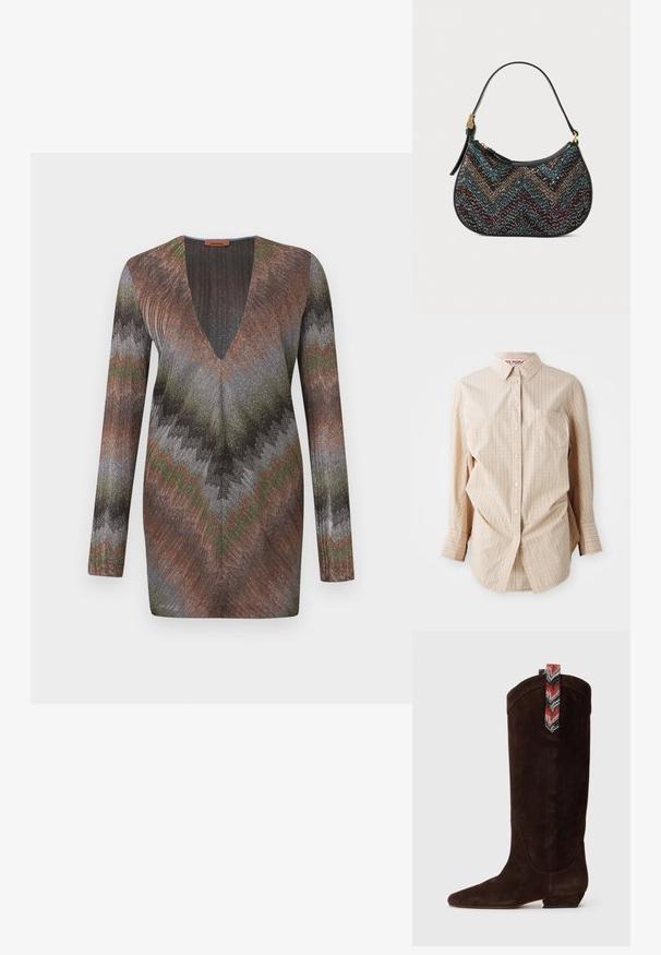 Garās piedurknes kleita ar dziļu V-veida izgriezumu un zigzaga rakstu brūnos, zaļos un metāliski pelēkos toņos. Mīksta, teksturēta auduma.; Beigā garenapļu pogkrekls ar ķekaru rakstu, ar apkakli, kreisajā pusē ir kabata un baltas pogas.; Brūni zamšādas zābaki līdz ceļiem ar smailu purngalu un zemu bloku papēdi. Aizmugurē ir rakstains daudzkrāsains cilpas uzvilkšanai.; Melnā rokassoma ar izliektu formu, kurai ir daudzkrāsaina zigzaga raksts un metālisks diegs. Tai ir ādas siksna un zelta krāsas aksesuāri.