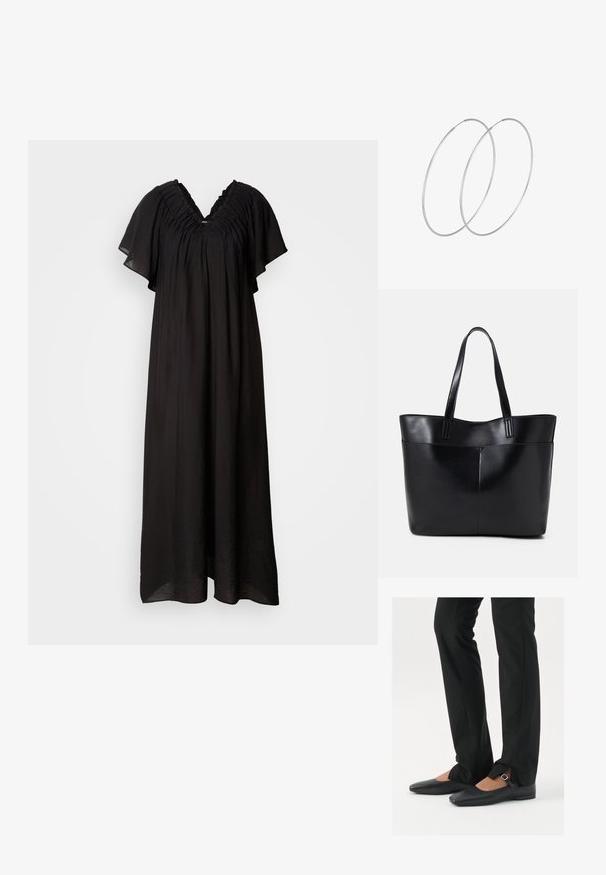 Svart maxikjol med V-ringning och volangdetaljer vid axlarna. Flödande tyg med korta, vida ärmar och en lös passform.; Svarta läderballetskor med spetsig tå, rem med silverspänne, kombinerade med svarta skräddarsydda byxor med slitsar i fållen.; Svart läder tote-väska med två långa handtag, en slät yta och en strukturerad form. Har en framficka för extra förvaring.; Silverfärgade hoopörhängen med en minimalistisk design. Cirkulär form, slät yta och tunn profil. Lätta med en polerad finish.