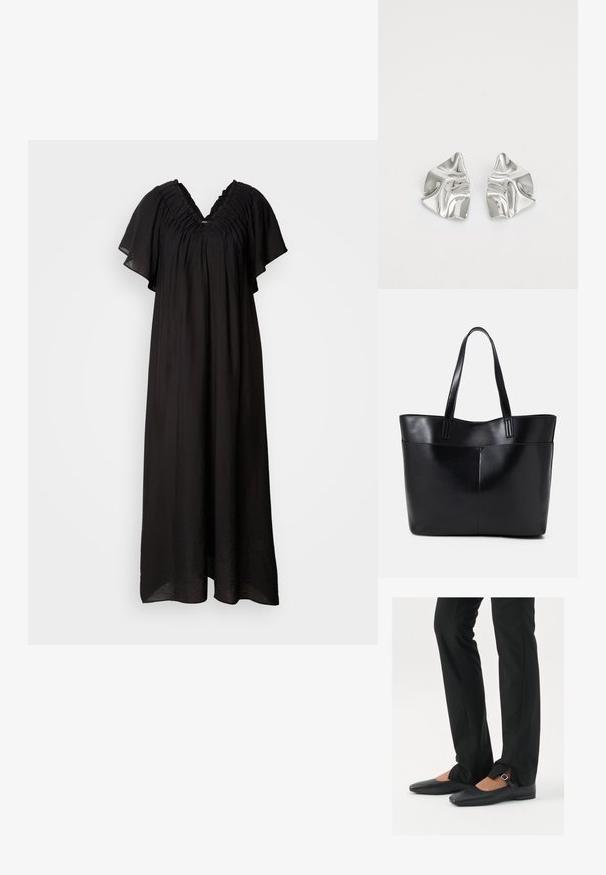 Vestido maxi preto com decote em V e detalhes em babados nos ombros. Tecido leve com mangas curtas e largas e um corte solto.; Sapatilhas de balé pretas em couro com bico fino, tira com fivela prateada, combinadas com calças pretas ajustadas com bainha fendida.; Bolsa tote preta em couro com duas alças longas, textura suave e forma estruturada. Apresenta um bolso frontal para armazenamento adicional.; Brincos de metal prateado com um design ondulante e escultural, apresentando um acabamento polido e formas irregulares, destacando uma estética contemporânea.