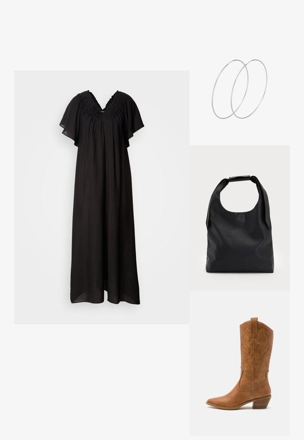 Crna maksi haljina s V-izrezom i volanima na ramenima. Lagana tkanina s kratkim, širokim rukavima i slobodnim krojem.; Smeđe kožne kaubojke s oštrim nosom, izvezenim spiralnim uzorcima na gornjem dijelu i blok petom. Imaju potporu za lakše obuvanje.; Crna kožna hobo torba s jednim mekanim, zaobljenim ručkom; karakterizira je glatka tekstura i minimalistički dizajn. Nema vidljivih hardverskih detalja ili akcenata.; Srebrne okrugle naušnice s minimalističkim dizajnom. Kružni oblik, glatka tekstura i tanak profil. Lagane s poliranim završetkom.