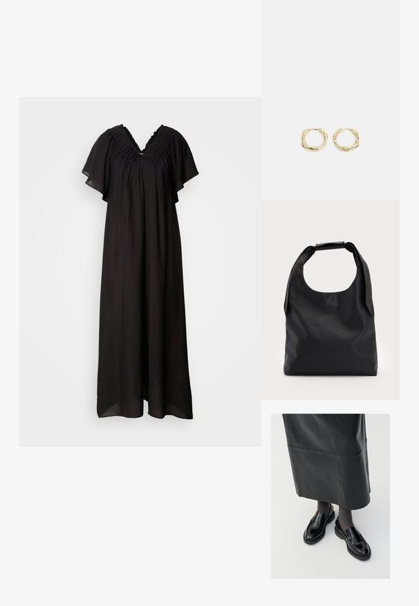 Črna maksi obleka s V-izrezom in nabranimi detajli na ramenih. Zračen material s kratkimi, širokimi rokavi in ohlapnim krojem.; Črne usnjene loafer čevlje s gladko površino, ki imajo dekorativno srajco, okroglo konico in teksturiran podplat. Nosi se z dolgim črnim usnjennim krilom.; Črna usnjena torba hobo z enim mehkobnim, okroglim ročajem; ima gladko teksturo in minimalističen dizajn. Brez vidnih kovinskih delov ali poudarkov.; Zlate obročaste uhane z teksturirano, nepravilno obliko. Imajo brezšivno zapiranje in poliširano površinsko obdelavo, kar poudarja sodoben dizajn.