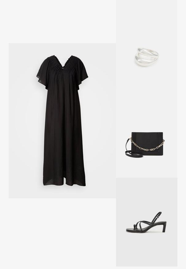 Črna maksi obleka s V-izrezom in nabranimi detajli na ramenih. Zračen material s kratkimi, širokimi rokavi in ohlapnim krojem.; Črne natikače s trakovi in kvadratnim prstom ter nizkim blokastim peto. Imajo več tankih trakov in nastavljiv trak okoli gležnja. Narejene so iz gladkega usnja.; Črna usnjena torba čez ramo z gladko teksturo, pravokotno obliko in kovinskim verižnim detajlom spredaj. Vključena je nastavljiva naramnica.; Srebrn dvojni prstan z gladko, polirano površino. Ima tekoč, ukrivljen dizajn z prekrivajočimi se sekcijami za sodoben videz.