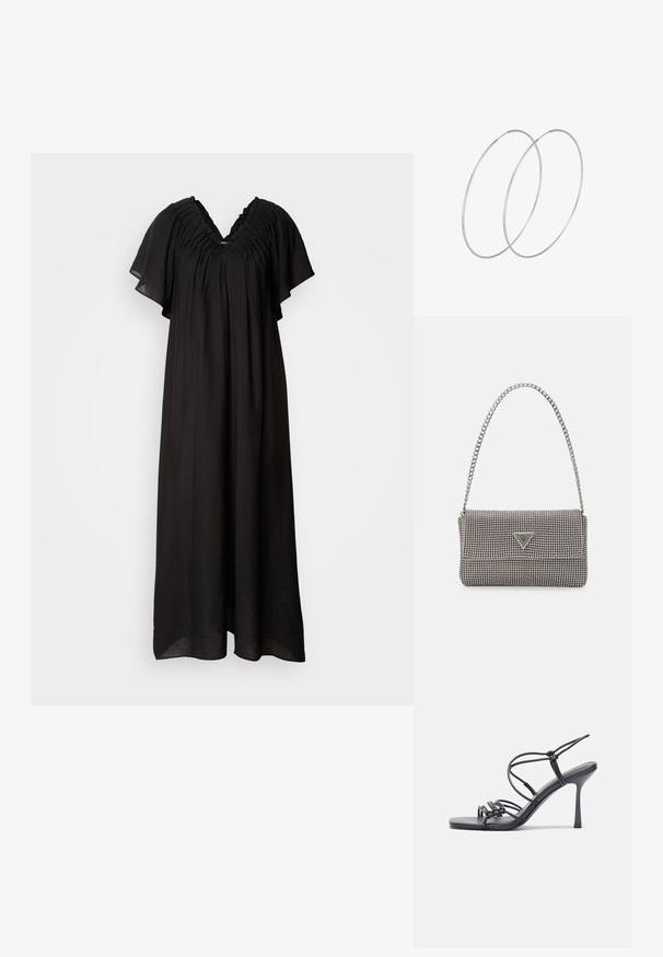 Čierne maxi šaty s výstrihom do V a volánmi na pleciach. Príjemná látka so širokými krátkymi rukávmi a voľným strihom.; Čierne sandále na vysokom podpätku majú tenké remienky s uzlovým dizajnom, hladký štvorcový špičku a elegantný stiletto podpätok.; Svetlošedá metalická kabelka s reťazovým popruhom, ozdobená malými kruhovými kovovými štítkami a trojuholníkovým logom značky.; Strieborné kruhové náušnice s minimalistickým dizajnom. Cirkulárny tvar, hladký povrch a tenký profil. Ľahké s lesklým povrchom.