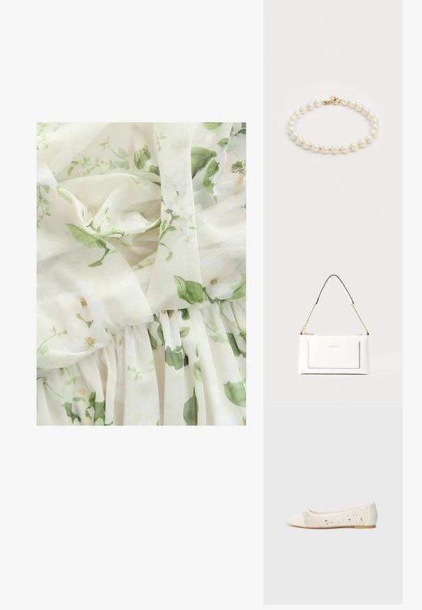 Next MULTIWAY BRIDESMAID WEDDING - Svečana odjeća - sage green floral print; Balerina s izduženim vrhom od krem kože s prozirnim gornjim dijelom i raspršenim rhinestones. Mekana potplat za udobnost, minimalistički dizajn.; Bijela kožna torba s teksturiranim završetkom, koja ima zlatni lančić i crne akcentne detalje. Uključuje prednji džep i zatvaranje na patentni zatvarač.; Narukvica od bisera s okruglim, poliranim perlama u bijeloj boji i zakačaljkom zlatnog tona. Glatka tekstura s klasičnim dizajnom.