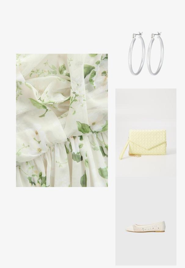 Next MULTIWAY BRIDESMAID WEDDING - Iltapuku - sage green floral print; Pointe suora in pelle crema con tomaia trasparente decorata da strass sparsi. Suola morbida per comfort, design minimalista.; Keltainen kudottu klaavapussukka, jossa on läpällä suljettava muotoilu, irrotettava rannekka ja kultaketjuviimeistely. Sileä pinta ja suorakaiteen muotoinen.; Hope-silver rengas, joissa on sileä ja kiillotettu pinta. Pyöreä muoto ja turvallinen napsautettava lukitus. Kevyt muotoilu sopii päivittäiseen käyttöön.