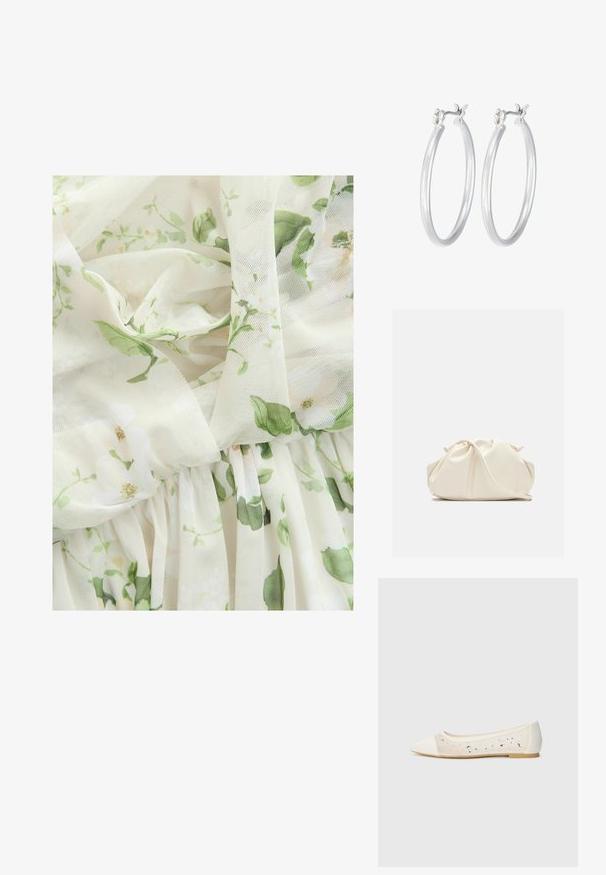 Next MULTIWAY BRIDESMAID WEDDING - Iltapuku - sage green floral print; Pointe suora in pelle crema con tomaia trasparente decorata da strass sparsi. Suola morbida per comfort, design minimalista.; Kermapunah, tas faux leather lembut dengan desain berkerut, tali yang dapat disesuaikan, dan penutupan tali yang halus. Tekstur mulus dan bentuk bulat.; Hope-silver rengas, joissa on sileä ja kiillotettu pinta. Pyöreä muoto ja turvallinen napsautettava lukitus. Kevyt muotoilu sopii päivittäiseen käyttöön.