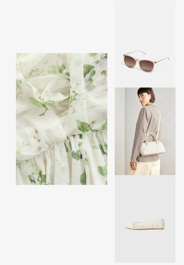 Next MULTIWAY BRIDESMAID WEDDING STANDARD - Pidulikud riided - sage green floral print; Kohev varbaosa, kreemikad nahkplätud, mille läbipaistev ülaserv on kaunistatud laiali asetatud sädeleva kivid. Pehme talla disain mugavuseks, minimalistlik välimus.; Prunade gradientiga prillid koos poolka sellest roosast raamistikust, ruudukujulised ning õhukeste metallist kätega. Omab ümarate servadega ja minimaalset detailide taset.; Valge struktureeritud käekott lühikeste käepidemete ja õlavööga, millel on kuldse riistvara aktsendid ja tekstuuriga materjal, eksponeeritud halli taustal.