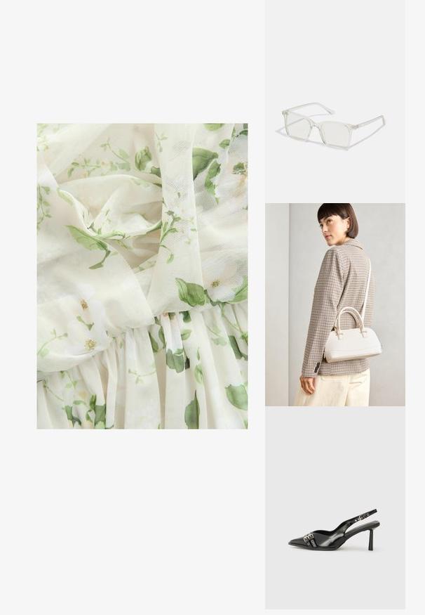 Next MULTIWAY BRIDESMAID WEDDING - Svečana odjeća - sage green floral print; Crna lakirana slingback cipela s izduženim vrhom, remenčićima oko gležnja s srebrnim kopčama i dijelovima, te vitkim potplatom.; Prozirne plastične naočale kvadratnog okvira s prozirnim lećama, koje sadrže zlatne akcentne detalje na drškama.; Bijela strukturna torba s kratkim ručkama i remenom za rame, s zlatnim metalnim detaljima i teksturiranim materijalom, prikazana na sivoj pozadini.