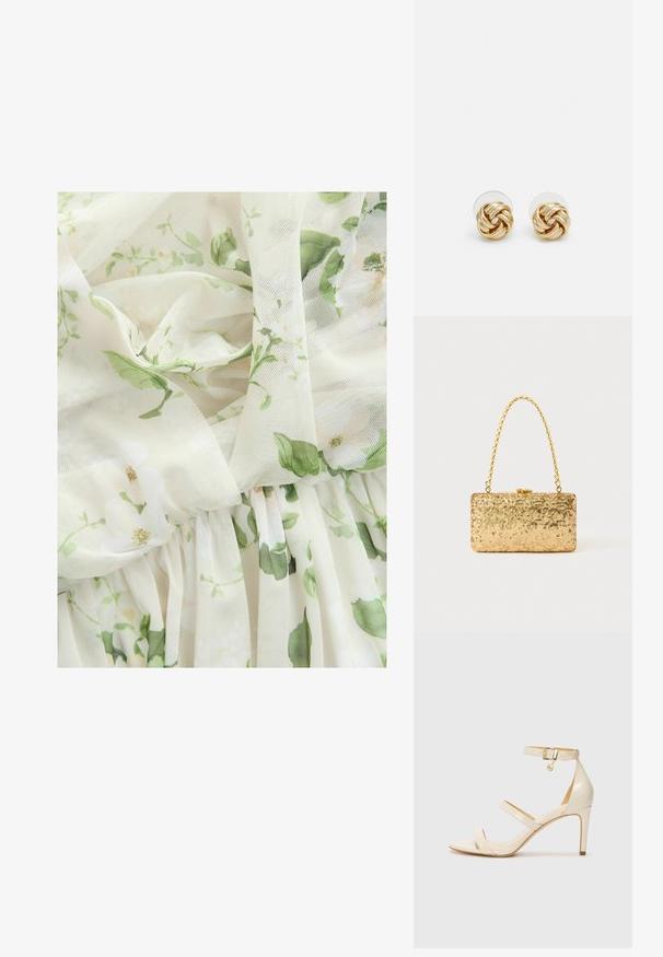 Next MULTIWAY BRIDESMAID WEDDING STANDARD - Îmbrăcăminte de ocazie - sage green floral print; Sandale cu toc înalt bej, cu curea subțire la gleznă și două curele superioare. Finisaj lucios din patent și detalii din metal auriu pe cureaua de la gleznă.; Clutch din paiete aurii, cu o formă rectangulară, având un mâner din lanț croit și o închidere cu clapetă metalică, reflectând lumina cu un finisaj texturat.; Cercei cu tija aurie, cu un design răsucit. Fiecare cercel are un fundal circular transparent pentru o purtare sigură.