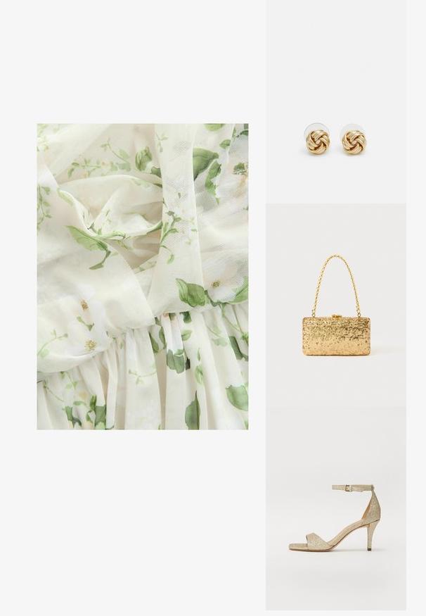 Next MULTIWAY BRIDESMAID WEDDING STANDARD - Oblečenie na špeciálnu príležitosť - sage green floral print; Zlaté trblietavé sandále na vysokom podpätku s členkovým remienkom, otvorenou špičkou a štvorcovým predkom. Obsahujú štíhly, zúžený podpätok pre vyššie postavenie.; Zlatá flitrová listová taška s obdĺžnikovým tvarom, vybavená skrúteným reťazovým držadlom a kovovým uzatváraním, odrážajúca svetlo s textúrovaným povrchom.; Náušnice s uzlom v zlatej farbe s prekrúteným dizajnom. Každá náušnica má kruhové priehľadné pozadie pre bezpečné nosenie.