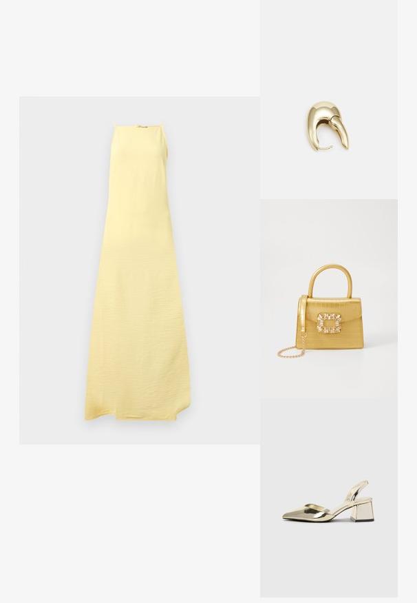 Geltonas spaghetti sijonas, pagamintas iš lengvos, tekstūruotos medžiagos, laisvo silueto, su tiesiu iškirpimu ir šoninėmis plyšiais.; Auksiniai, metaliniai slingback aukštakulniai bateliai su smailiu pirštu ir masyviu kulnu. Lygus paviršius, minimalizmo dizainas ir siaura juostelė.; Geltonas dirbtinės krokodilo odos rankinukas su standžiu dizainu, viršutine rankena, nuimamu grandininiu dirželiu ir dekoratyviniu krištolo papuošimu ant užsegimo.; Aukso tono metalinės auskarai su stilingu, kreiviu dizainu. Išsiskiria ryškiu smailiu pavidalu, poliruota paviršiumi ir užsegimu su vyriu.