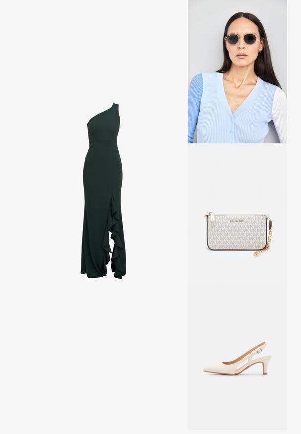 Jednoduché tmavě zelené šaty na jedno rameno s přiléhavým střihem a volánkovým detailem po straně, vyrobené z hladké látky a s pevnou siluetou.; Bílé lodičky na podpatku s špicatou špičkou, hladkým svrškem, nízkým blokovým podpatkem a designem s bočním výřezem se stahovací sponou.; Kulaté sluneční brýle s tmavými čočkami a zlatými rámy. Modelka má na sobě světle modrý žebrovaný kardigan s knoflíky a kontrastními bílými rukávy.; Kabelka na zápěstí Michael Kors v béžové potažené plátno s opakujícím se vzorem loga MK, zlatými kovovými doplňky a odnímatelným řetízkovým popruhem.