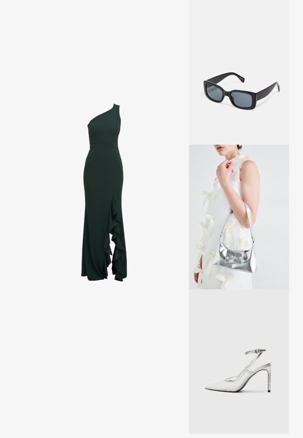 Haljina s jednim rame, tamnozelena, u pripijenom izdanju s volanom duž bočne strane, napravljena od glatkog materijala i s definiranim siluetom.; Prozirna štikla s oštrim vrhom, prozirni materijal, metalik srebrni detalji i podesiva narukvica oko gležnja.; Crne pravokutne sunčane naočale s tamno obojenim lećama, debelim plastičnim okvirom i širokim sljepočnicama. Glatka površina i kutni dizajn.; Srebrna metalik torbica sa strukturiranim oblikom, s gornjom drškom i detaljem mašne sprijeda. Glatka tekstura, reflektirajući finiš.