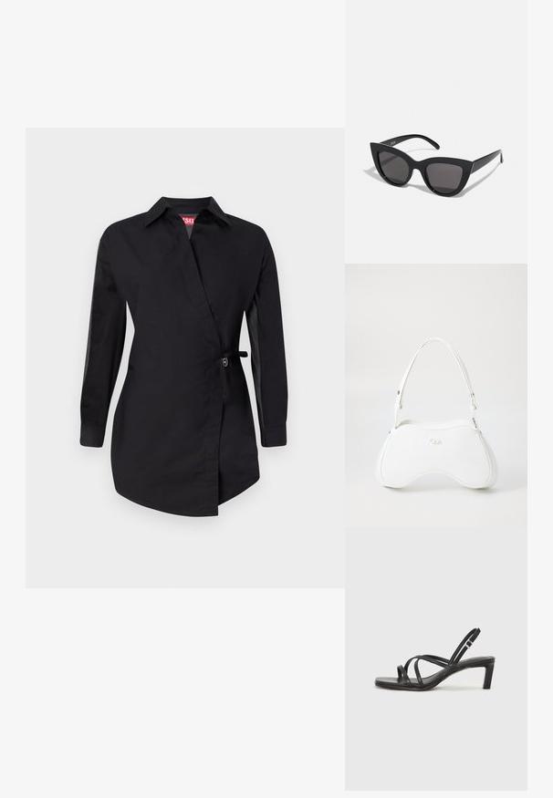 Rochie neagră din bumbac, cu un design tip wrap, mâneci lungi și o curea ajustabilă. Textură netedă cu un guler structurat.; Sandal cu barete negre, cu vârf pătrat și toc mic de bloc. Prezintă mai multe barete subțiri și o bareta ajustabilă la gleznă. Fabricat din piele netedă.; Ochelari de soare negri, forma cat-eye, cu un finisaj mat, având lentile gri și unghiuri ascuțite, precum și brațe laterale elegante. Numele brandului este vizibil pe brațul interior.; Geantă albă cu o suprafață netedă și lucioasă, formă curbată și o singură curea ajustabilă. Prezintă un logo embosat pe față.
