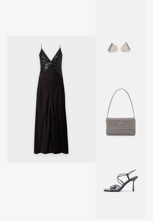 Mustvalge õhtu kleit õhukeste rihmadega, millel on kehasse sulanduv paljettidega ülakeha ja voogav seelik. Sile kangas, millel on kerge läige.; Mustad musta värvi kontsandaalid on varustatud peente rihmadega, millel on sõlmekujundus, siledad ruudukujulised varbad ja stiilne stilettokonts.; Helehall metallik handbags, millel on kett, kaunistatud väikeste ümmarguste metallist õmblustega ja kolmnurkse brändi logoga.; Hõbedased metallkõrvarõngad sujuva pisarakuju ja poleeritud viimistlusega. Diskreetne graveering lisab detaile. Minimalistlik disain.