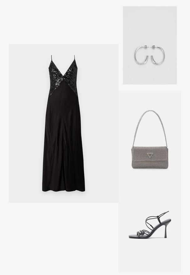 Czarna wieczorowa sukienka na cienkich ramiączkach, z dopasowaną górą wyszywaną cekinami i zwiewnym dołem. Gładki materiał o subtelny blasku.; Czarne sandały na wysokim obcasie mają cienkie paski z węzłowym wzorem, gładki, kwadratowy czubek i smukły obcas w stylu szpilki.; Jasnoszara metaliczna torebka na łańcuszku, ozdobiona małymi okrągłymi metalowymi ćwiekami oraz trójkątnym logo marki.; Srebrne kolczyki na biglu o gładkim, błyszczącym wykończeniu. O zaokrąglonym kształcie, lekkim designie, z zamknięciem na zatrzask.
