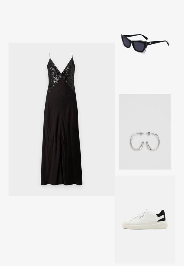 Čierne večerné šaty s tenkými ramienkami, ktoré majú priliehavé telo pokryté flitrami a voľnú sukňu. Hladká látka s miernym leskom.; Biele kožené tenisky s hrubou bielou podrážkou, čiernym zamekom na päte a vyrazeným logom na boku. Šnurovací dizajn so šiestimi očkami.; Čierne oversized slnečné okuliare s geometrickým tvarom, s tmavými šošovkami a kontrastným šedým detailom na ráme. Logo na mostíku.; Strieborné kruhové náušnice s hladkým a lesklým povrchom. Okrúhly tvar, ľahký dizajn, s uzáverom na kolík.
