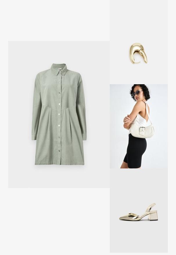 Miško žalios spalvos mygtukų suknelė su ilgomis rankovėmis, apykakle, klostuota sijonu ir sidabro atspalvio mygtukais. Pagaminta iš lengvos medžiagos.; Auksiniai, metaliniai slingback aukštakulniai bateliai su smailiu pirštu ir masyviu kulnu. Lygus paviršius, minimalizmo dizainas ir siaura juostelė.; Balta odinė rankinė su kreiva forma, reguliuojama dirželiu ir mažu sagties akcentu. Modelis vilki priglundančius juodus drabužius.; Aukso tono metalinės auskarai su stilingu, kreiviu dizainu. Išsiskiria ryškiu smailiu pavidalu, poliruota paviršiumi ir užsegimu su vyriu.