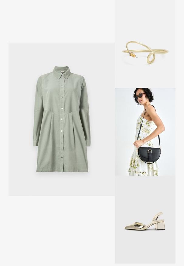 Abito verde foresta con bottoni, maniche lunghe, colletto, gonna plissettata e bottoni di tonalità argento. Realizzato in tessuto leggero.; Tacchi slingback metallici color oro con punta appuntita e tacco grosso. Texture liscia, design minimalista e una cinghia stretta.; Borsa a tracolla nera in pelle con una forma curva, manico rimovibile e accessori dorati. La borsa presenta una patta con un dettaglio a fibbia.; Bracciale in metallo color oro con un design fluido e curvilineo. Presenta un piccolo e prominente accento color argento a un'estremità.