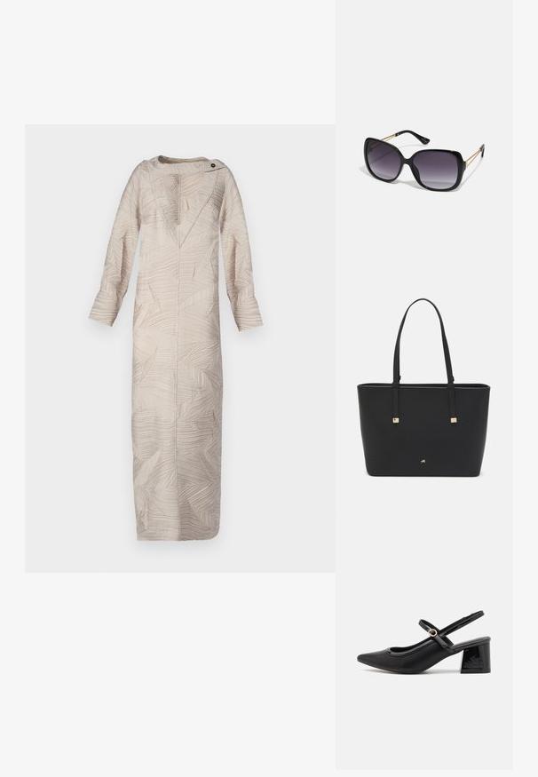 Bežna dolga obleka z teksturirano listnato vzorcem, V-izrezom in gumbom na rami. Dolgi rokavi in ravna silhueta izboljšata njen dizajn.; Črne patentne usnjene salonarce s slingback obliko, s koničastim nosom, zaobljenim izrezom in blok peto. Imajo zlato kovinsko zaponko kot dodatno okrasje.; Črne prevelike sončne očala z degradacijskimi lečami, debelimi okvirji in zlatimi verižicami na ročajih.; Črna torba iz sintetičnega materiala, preproste pravokotne oblike, z zlatimi kvadratnimi detajli in dvojnih ročajem.