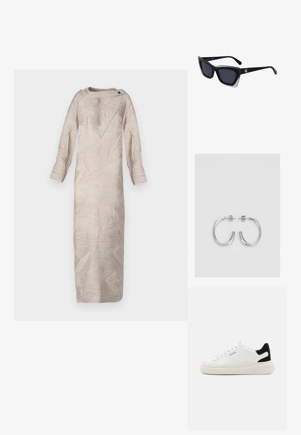 Μπεζ μακρύ φόρεμα με υφή φύλλων, V-λαιμόκοψη και κουμπωτό ώμο. Μακριά μανίκια και ευθεία σιλουέτα ενισχύουν το σχέδιο του.; Λευκά δερμάτινα αθλητικά παπούτσια με χοντρή λευκή σόλα, μαύρη σουέτ λεπτομέρεια στην φτέρνα και ανάγλυφο λογότυπο στο πλάι. Σχέδιο με κορδόνια και έξι θηλιές.; Μαύρα υπερμεγέθη γυαλιά ηλίου με γεωμετρικό σχήμα, διαθέτοντας σκούρους φακούς και αντίθεση γκρίζα λεπτομέρεια στη σκελετό. Λογότυπο στον βραχίονα.; Ασημένια σκουλαρίκια κρίκοι με λεία, λαμπερή φινίρισμα. Στρογγυλό σχήμα, ελαφρύ σχέδιο, με κλείσιμο τύπου πίσω.