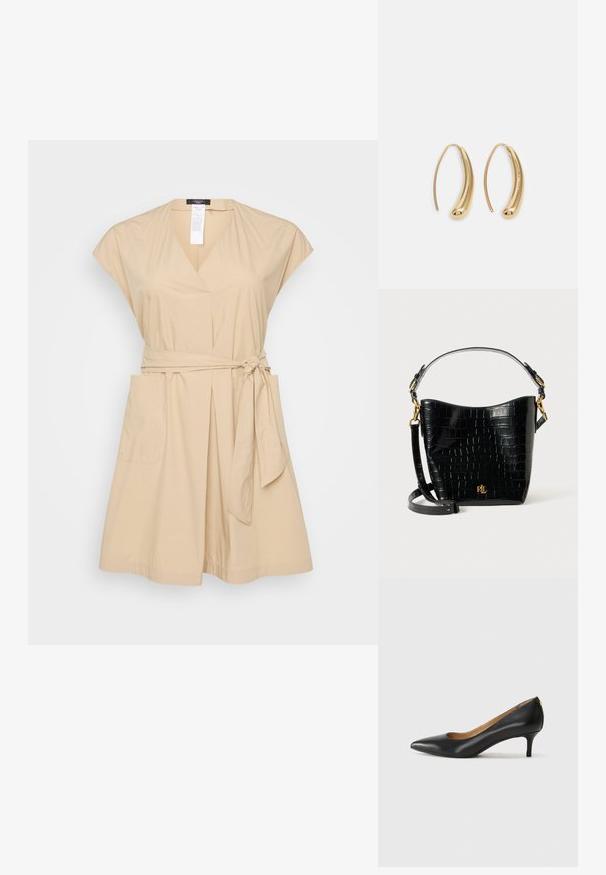Beige dress with short sleeves, V-neckline, a tied waist belt, and two side pockets. Made of smooth fabric with a relaxed fit.; Black leather pump with a pointed toe, low heel, and a smooth texture. Features a slight opening at the front and minimal hardware at the back.; Black croc-embossed leather bag with a curved shape, gold hardware accents, an adjustable strap, and a logo detail at the front.; Gold-tone metal hoop earrings with a curved, elongated shape. Features a smooth, shiny surface and a rounded tip for added detail.