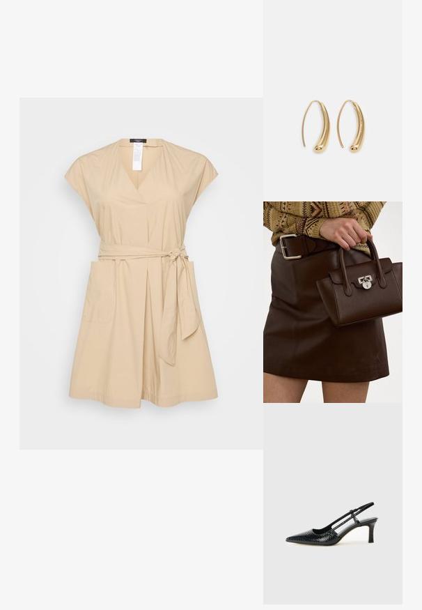Μπεζ φόρεμα με κοντά μανίκια, V-λαιμόκοψη, δεμένη ζώνη στη μέση και δύο πλευρικές τσέπες. Κατασκευασμένο από απαλή ύφανση με άνετη εφαρμογή.; Μαύρη πατέντα σλινγκμπάκ γόβα με μυτερή μύτη, διαθέτει υφή από φίδι, ρυθμιζόμενο λουρί και κοντή, υφή τετράγωνη φτέρνα.; Καφέ δερμάτινη τσάντα με υφή και ασημί αξεσουάρ, κρατημένη με το χέρι δίπλα σε μια καφέ δερμάτινη φούστα και πουλόβερ με σχέδια.; Χρυσές μεταλλικές σκουλαρίκια κρίκοι με καμπυλωτό, ελκυστικό σχήμα. Περιλαμβάνουν μια λεία, γυαλιστερή επιφάνεια και στρογγυλή άκρη για πρόσθετη λεπτομέρεια.