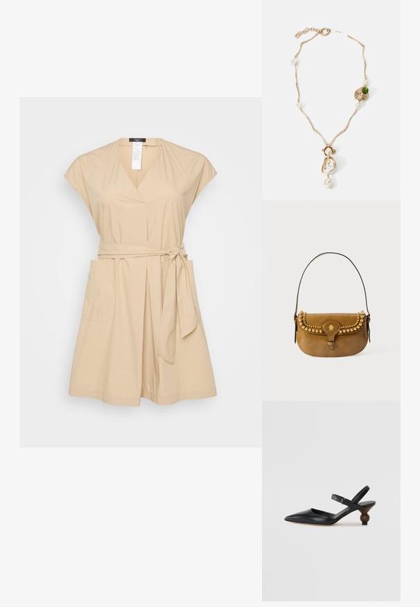 Beige színű ruha rövid ujjakkal, V-kivágással, megkötős derékövvel és két oldalsó zsebbel. Simább anyagból készült, laza szabású.; Fekete bőr szandálcipő hegyes orral, íves kialakítással és kerek, fára hasonlító sarokkal. Keskeny bokapánttal rendelkezik.; Barna bőr kézitáska ívelt formával, arany szegecsekkel a tetején, rövid pánttal és csat zárással.; Arany színű nyaklánc csavart láncszemekkel, fehér gyöngyökkel és zöld kő díszítéssel. Bonyolult részletekkel rendelkezik, és zárómechanizmussal van ellátva.