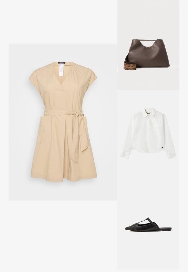 Beige kjole med korte ærmer, V-udskæring, en båndknude i taljen og to sidelommer. Lavet af glat stof med en afslappet pasform.; Hvid cropped langærmet skjorte lavet af bomuld. Har en knaplukning foran, en brystlomme og et lille sort logo nederst til venstre.; Sort læderslyngeback sko med spids tå, der har en vævet detalje og en plisseret overdel. Flad sål med minimal hardware.; Brun læder skuldertaske med en tekstureret overflade, vinkelret design og et karakteristisk topgreb. Har et mønstret vævet stropdetalje.