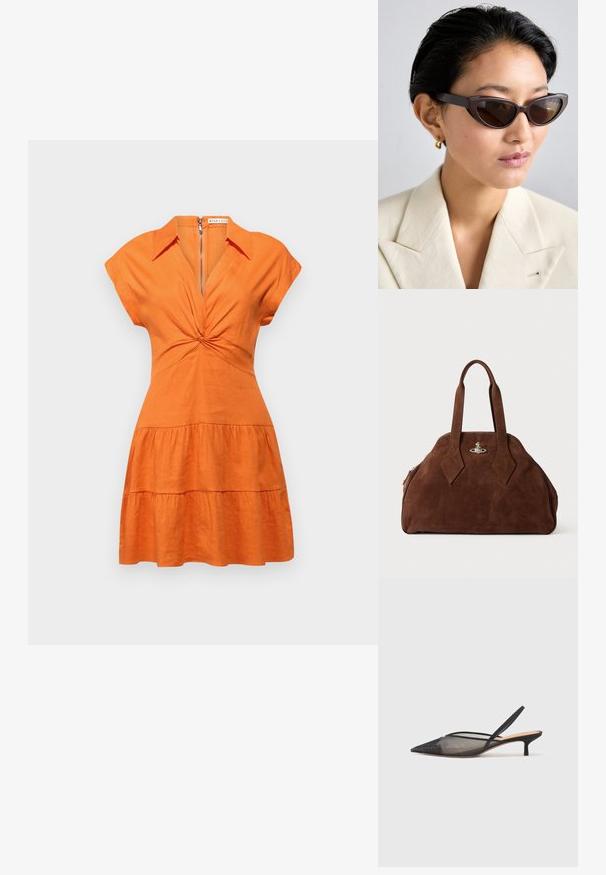 Alice + Olivia MILA DEEP TWIST MINI DRESS - Paitamekko - light mango; NEOUS IRENA - Avokkaat - black; Ruske katseilorrimät, joissa on tummat linssit, paksut kehykset ja sileä pinta, yhdistettynä beigelle bleiserille ja kultaisille rengaskorville.; Ruskea mokkahamppari, jossa on jämäkkä muoto, pyöreä runko ja pitkät timantinmuotoiset kahvat. Varustettu hopeasävyisellä sulkumekanismilla.