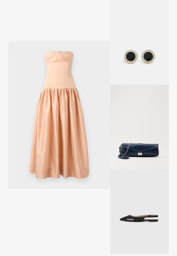 Bezdidelis persikų spalvos suknelė, pagaminta iš lygaus audinio, turinti prigludusią liemenę ir surinktą, apimties suteikiančią sijoną. Su užtrauktuku nugarinėje dalyje ir puodelių detalėmis.; Juodos slingback balerinos su smailiais pirštais, pagaminti iš lygaus medžiagos. Yra balta „LOVE MOSCHINO“ ženklinimo ir minimalistinio dizaino.; Tamsiai mėlynas odinis rankinukas su krokodilo raštu, sidabro spalvos grandinėlė ir metalinis užsegimas. Stačiakampio formos, užlenkiamas dizainas.; DKNY INLAY STUD - Auskarai - black/gold-coloured