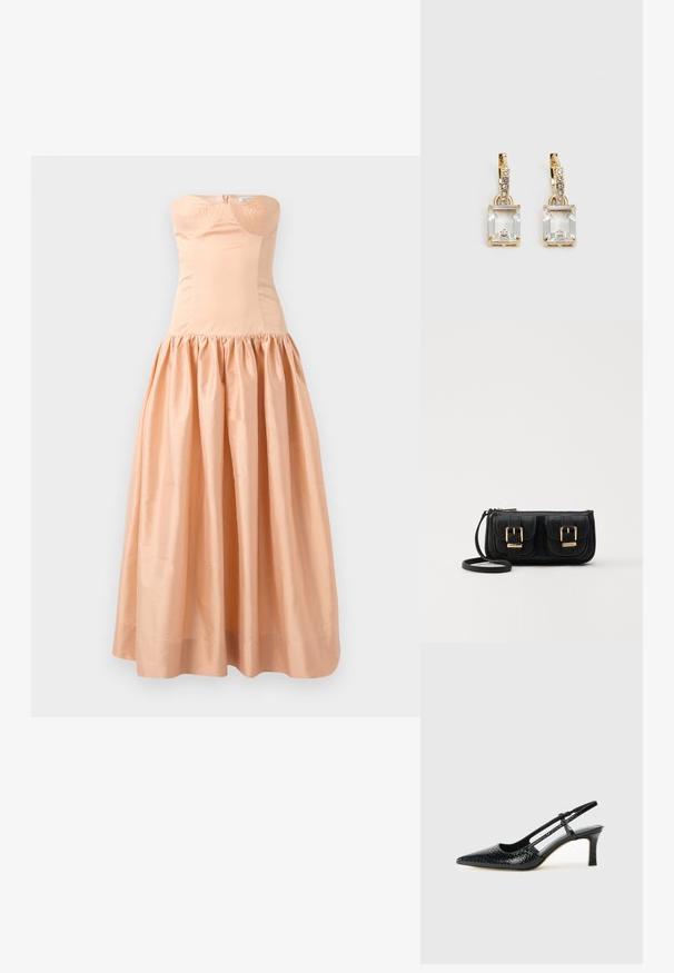 Bezplecu persiku krāsa kleita, kas izgatavota no gludas auduma, ar pieguļošu korpusu un savāktu, apjomīgu svārku. Muguras rāvējslēdzēja aizdare un kausu detaļas.; Melna patent āda ar slīdošo papēdi un smailo purngalu, ar teksturētu čūsku drukājumu, regulējamu siksniņu un īsu teksturētu blokpapēdi.; Melnas ādas crossbody soma ar divām priekšējām kabatām, zelta sprādzēm, ar rāvējslēdzēju aizdari un šauru siksnu. Strukturēta virsma un kompakta taisnstūra forma.; Zeltītas auskaru rotas, kuru centrā ir taisnstūra formas caurspīdīgs kristāls, kas karājas zem mazu, apaļu caurspīdīgu akcentu rindas. Elegants, mūsdienīgs dizains.