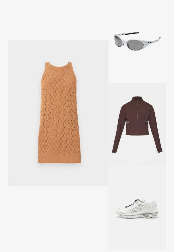 Rochie portocalie tricotată, fără mâneci, cu un model în formă de diamant și o textură fină. Lungime medie, cu o siluetă strâmtă.; Tricou sport cu maneci lungi, de culoare maro închis, cu fermoar la gât, guler înalt, logo mic alb pe piept și detalii subtile pe lateral.; Pantofii sport albi cu un superior texturat, accente reflective și o talpă gri. Presenta modele triunghiulare accentuate și un sistem de șireturi rapide.; Ochelari de soare din plastic alb, cu lentile mari, ovale, de culoare gri. Au prinderi negre la urechi și un mic logo pe ramă. Finisaj neted.; Salomon ACTIVE SKIN 12 SET UNISEX - Rucsac cu sistem de hidratare - black