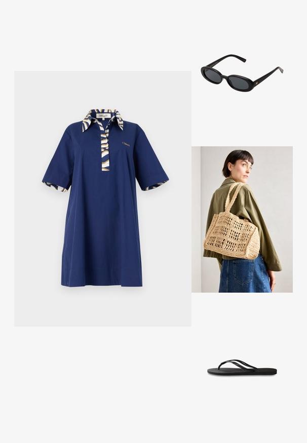 Morska obleka s kratkimi rokavi z vzorčastim ovratnikom in manšetami, ki vključuje gumbasto zapiranje in zlato logotipno podrobnost na prsih. Material: bombaž.; Črne natikače z teksturirano gumijasto podlogo, dvema ozkima trakoma in subtilnim, vtisnjenim logom na traku.; Črne oversize sončne očala z ovalnimi lečami, gladkim plastičnim okvirjem in zlatenimi detajli na templjih. Temne leče zagotavljajo zaščito pred soncem.; Pletena torba iz naravnih vlaken v tan barvi, pravokotne oblike, z dvema širokima ročajema in odprto mrežno strukturo. Oblikovanje vključuje teksturirano tkanino in prostoren notranji prostor.