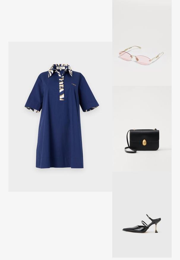 Rochie scurtă din bumbac, cu mânecă scurtă, de culoare bleumarin, având un guler și manșete cu un model, prezentând o închidere cu butoane și detalii cu logo auriu pe piept.; Pantofii slingback din piele neagră cu vârf ascuțit, dotati cu două curele ajustabile și un toc metalic. Textură netedă și design minimalist.; Gucci Ochelari de soare - gold-coloured/pink; Geantă de mână din piele neagră, cu o formă rectangulară structurată. Are un capac oval auriu și o curea subțire pentru umăr. Textură netedă.