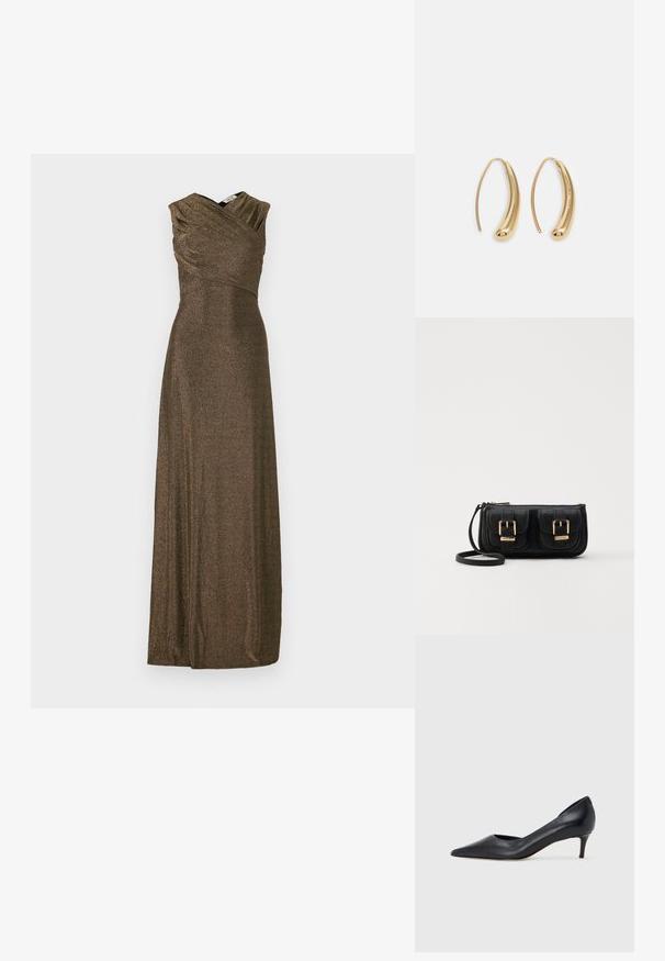 Dlouhé, bezrukávové večerní šaty z metalického bronzového materiálu. Drapovaný korzet s výstřihem do V a splývavá sukně. Hladká textura a elegantní design.; Černá kožená lodička s špičatou špičkou a nízkým podpatkem. Má hladkou texturu a jemný lesk. Přední část je otevřená pro zvýraznění detailu.; Černá kožená crossbody taška se dvěma předními kapsami, zlatými přezkami, zipovým uzávěrem a štíhlým popruhem. Texturovaný povrch a kompaktní obdélníkový tvar.; Náušnice ve tvaru kruhu z pozlaceného kovu s vroubkovaným, prodlouženým tvarem. Mají hladký, lesklý povrch a zaoblený konec pro zvýraznění detailu.