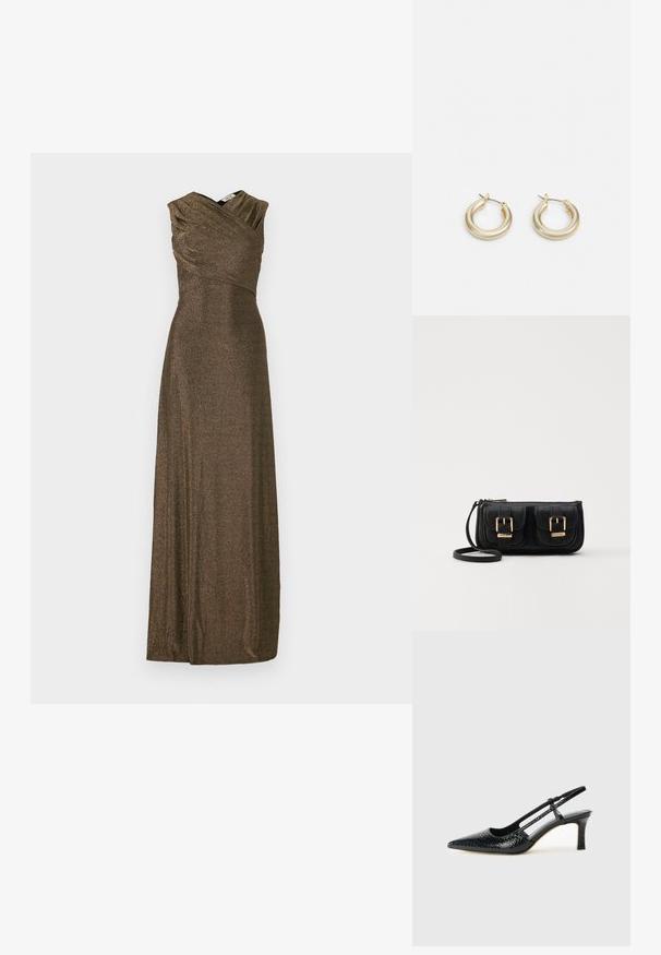 Rochie de seară lungă, fără mâneci, dintr-un material metalic bronzat. Bust drapat cu decolteu în V și o fustă fluidă. Textură netedă și design elegant.; Pantofi cu toc slingback negri din patent, cu vârf ascuțit, cu imprimeu de șarpe texturat, curea ajustabilă și toc scurt texturat.; Geantă neagră din piele, tip crossbody, cu două buzunare frontale, catarame aurii, închidere cu fermoar și o curea subțire. Suprafață texturată și formă rectangulară compactă.; Lauren Ralph Lauren BASIC SMALL HOOP - Cercei - gold-coloured
