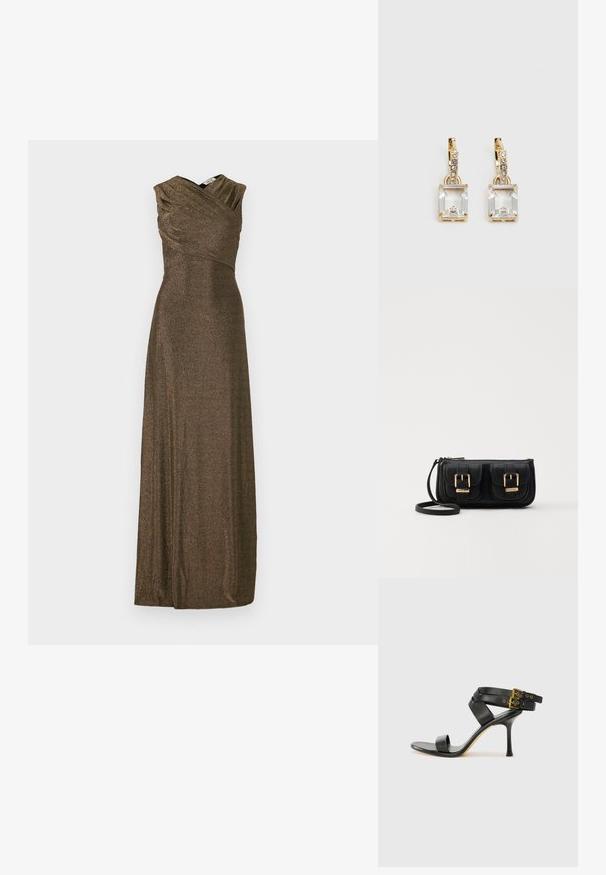 Hosszú, ujjatlan estélyi ruha fényes bronz anyagból. Redőzött felsőrész V-kivágással és lágyan folyó szoknyával. Simás textura és elegáns dizájn.; Fekete magassarkú szandál keresztpántos dizájnnal és állítható csattal. Simább felülettel és hegyes tűsarkúval rendelkezik.; Fekete bőr keresztbody táska két elülső zsebbel, arany csattokkal, cipzáras záródással és vékony pánttal. Textúrált felület és kompakt téglalap alak.; Aranyszínű fülbevalók, melyek egy téglalap alakú, tiszta kristállyal díszítették, ami egy sor kis, kerek, tiszta kiegészítő alatt lóg. Letisztult, modern dizájn.