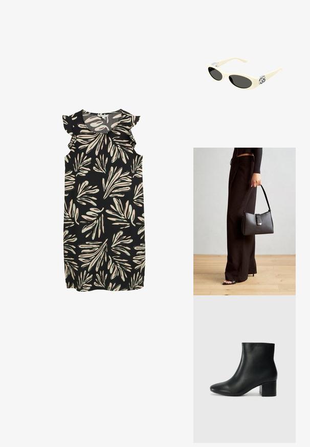Schwarzes ärmelloses Kleid mit einem Blattmuster in Creme und Hellgrün, mit Rüschendetails an den Schultern. Strukturierter Stoff.; Schwarze Leder-Ankle-Boots mit spitzem Zehenbereich und klobigem Absatz. Glatte Textur mit minimalen Akzenten und einem eleganten, taillierten Design.; Cremefarbene Sonnenbrille mit ovalen Gläsern, schwarzem Tönung und metallischen Logoakzenten an den Schläfen. Glatte Textur, Cat-Eye-Design.; Schwarze Handtasche mit strukturierter Form, glatter Textur und einem metallischen Verschluss. Kombiniert mit weiten schwarzen Hosen und offenen Sandalen auf einem Holzboden.