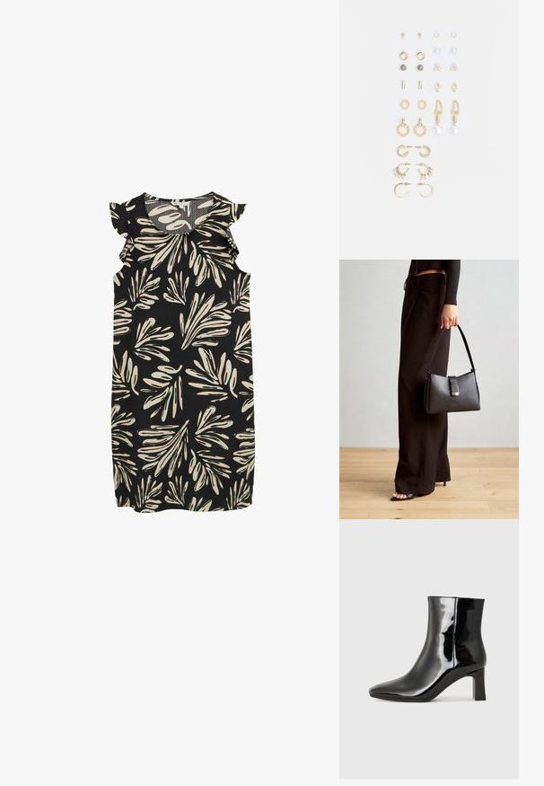 Čierne bezrukávové šaty s potlačou listov v krémovej a svetlozelenej farbe, s volánikmi na pleciach. Textúrovaná látka.; Čierne lakované členkové topánky s špicatou špičkou a stredne vysokým blokovým podpätkom. Hladká textúra a minimalistický dizajn.; Čierna kabelka so štruktúrovaným tvarom, hladkou textúrou a kovovou sponou. V kombinácii so širokými čiernymi nohavicami a sandálmi s otvorenou špičkou na drevenej podlahe.; Súprava náušníc v zlatom odtieni obsahujúca rôzne dizajny, vrátane puzetových, kruhových a visiacich kúskov s perlami a rhinestones.
