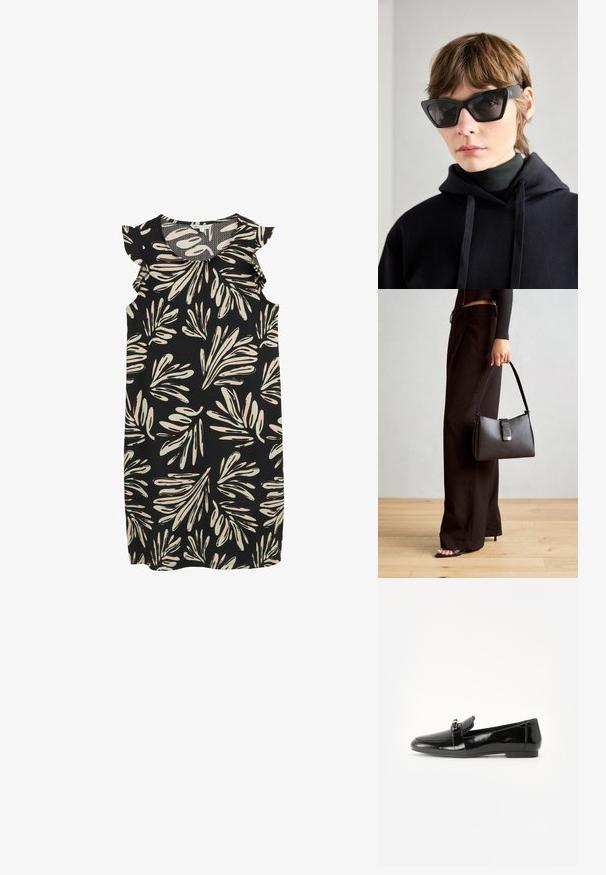 Juoda be rankovių suknelė su kremine ir šviesiai žalia lapų raštu, su volanėmis ant pečių. Tekstūruotas audinys.; Juodas patentuotas odinis loaferis su plokščiu padu, apvaliu pirštu ir dekoratyvine juostele su auksine akcentu. Lygus, blizgantis paviršius.; Juodoji katės akies formos saulės akiniai su tamsiais lęšiais, pasižymintys drąsiai kampuota dizainu. Pagaminti iš lygaus plastiko su blizgiu paviršiumi ir logotipo akcentais.; Juodas rankinė struktūrizuota forma, lygi tekstūra ir metalinis užsegimas. Suporuota su plačiomis juodomis kelnėmis ir atvirais bateliais ant medinių grindų.