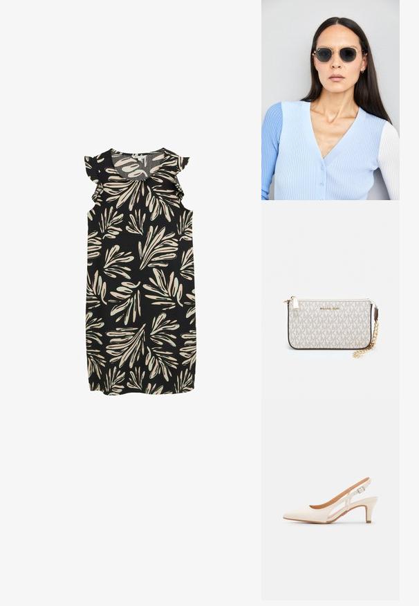 Rochie neagră fără mâneci, cu un imprimeu de frunze în crem și verde deschis, având accente volanase pe umeri. Material texturat.; Sandaie cu toc alb, cu vârful ascuțit, material superior neted, toc mic tip bloc și design cu decupaj lateral, cu curea ajustabilă.; Ochelari de soare rotunzi cu lentile întunecate și rame aurii. Modelul poartă un cardigan ribbed de culoare albastru deschis cu nasturi și mâneci albe în contrast.; Clutch Michael Kors din canva acoperit bej, cu un model repetitiv al logo-ului MK, accesorii din aur și o curea cu lanț detașabil.