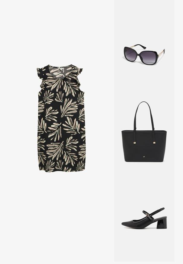 Mustat hihattomat mekot, joissa on kerma- ja vaaleanvihreälehden printti, sekä röyhelökoristeet oluissa. Rakennekangas.; Musta lakattu nahka slingback-korkokengät, joissa on terävä kärki, pyöreä aukko-muotoilu ja lohkokorko. Varustettu kultasävyisellä solkiyksityiskohdalla.; Mustat ylisuurten kehysten aurinkolasit, joissa on liukuväri-linssit, paksut kehykset ja kultasävyiset ketjustuskoristeet temppeleissä.; Mustat olkalaukku, joka on valmistettu synteettisestä materiaalista, yksinkertainen suorakulmainen muotoilu, kultaiset nelikulmaiset yksityiskohdat ja kaksoiskahvat.