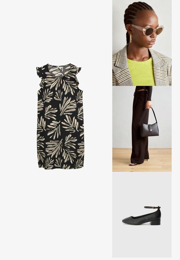 Melnas bezpiedurkņu kleita ar lapu rakstu krēmkrāsā un gaiši zaļā, ar drapējumiem uz pleciem. Tekstūras audums.; Melnas ādas sūkņi ar smailu purngalu un zemu bloku papēdi. Iezīmēts ar potītes siksniņu ar zelta krāsas sprādzi. Gluda tekstūra.; Caurspīdīgas kaķacis saulesbrilles ar brūnām lenso. Modele vilkusi zaļu ribotu topu un šķērsota bleizeri. Zelta riņķa auskari.; Melnā somiņa ar strukturētu formu, gludu tekstūru un metālu sprādzi. Saskaņota ar platām melnām biksēm un sandālēm ar atvērtu purngalu uz koka grīdas.