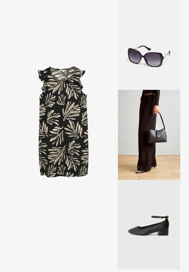 Czarna sukienka bez rękawów z motywem liści w kolorze kremowym i jasnym zielonym, z falbaniastymi akcentami na ramionach. Teksturowana tkanina.; Czarne skórzane szpilki z ostrym noskiem i niskim słupkowym obcasem. Wyposażone w pasek na kostkę z złotym zapięciem. Gładka tekstura.; Czarne oversize okulary przeciwsłoneczne z gradientowymi soczewkami, grubymi oprawkami i złotym łańcuszkiem na ramionach.; Czarna torebka o usztywnionym kształcie, gładkiej fakturze i metalowym zapięciem. Połączona z szerokimi czarnymi spodniami i sandałami na otwartym palcu na drewnianej podłodze.