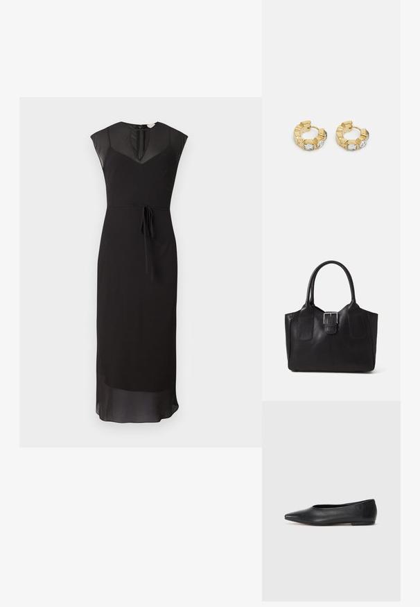 Černé bezramenné šaty s síťovanou částí v oblasti krku, upnutým pasem a opaskem na zavazování. Plynulá látka se střihovým provedením a průhledným detailem lemování.; Černé kožené baleríny, špičatá špička, minimalistický design, hladký povrch, nízký podpatek, žádné viditelné kovové prvky nebo ozdoby.; Černá kožená tote taška s hladkým povrchem, strukturovaným tvarem, dvěma uchy a výrazným stříbrným detailem s přezkou na přední straně.; Zlaté kruhové náušnice s texturovaným designem a třemi jasnými krystalovými akcenty na jedné straně, které nabízejí moderní geometrickou estetiku.