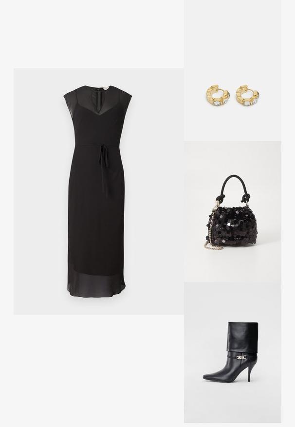 Černé bezramenné šaty s síťovanou částí v oblasti krku, upnutým pasem a opaskem na zavazování. Plynulá látka se střihovým provedením a průhledným detailem lemování.; Černé kožené kotníkové boty s špičatou špičkou, vysokým stiletto podpatkem, ohrnovací manžetou a zlatým ozdobným přezkovým detailem na kotníku.; Černá mini kabelka s flitry, s uzlovým texturovaným popruhem a stříbrným řetízkem. Zaoblený tvar s nařaseným vrchem a reflexními detaily.; Zlaté kruhové náušnice s texturovaným designem a třemi jasnými krystalovými akcenty na jedné straně, které nabízejí moderní geometrickou estetiku.