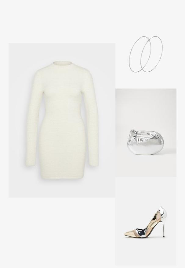 Langarmjurk van zacht, gewafeld wit stof; aansluitende silhoeet met ronde hals en een gladde afwerking, reikend tot halverwege de bovenbenen.; Puntige hoge hak schoenen met een zilver, goud en nude kleurenschema. Glanzende afwerking met uitsnijdingen en een stiletto hak.; Zilveren metalen pouch bag met een zachte, afgeronde vorm en een geknoopte sluiting aan de bovenkant. Gemaakt van soepel faux leren materiaal.; Zilveren hoepel oorbellen met een minimalistisch ontwerp. Cirkelvormig, gladde textuur en dun profiel. Lichtgewicht met een gepolijste afwerking.